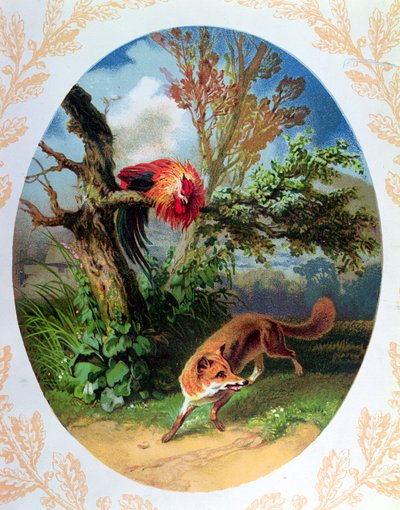 The Cockerel and the Fox ، الرسم التوضيحي بعد الحكاية بقلم جان دي لا فونتين (1621-1695) c.1860-80 بواسطة المدرسة الفرنسية