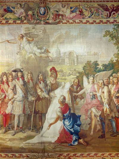 بناء Les Invalides في عام 1670 ، التفاصيل المركزية من تاريخ الملك ، بعد آدم فرانز فان دير ميولين (1632-90) وتشارلز لو برون (1619-90) ورشة عمل Gobelins بواسطة المدرسة الفرنسية