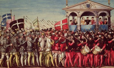 حصار الطبالون والجنود في مهرجان الدخول الملكي لهنري الثاني (1519-59) في روان ، 1 أكتوبر 1550 بواسطة المدرسة الفرنسية