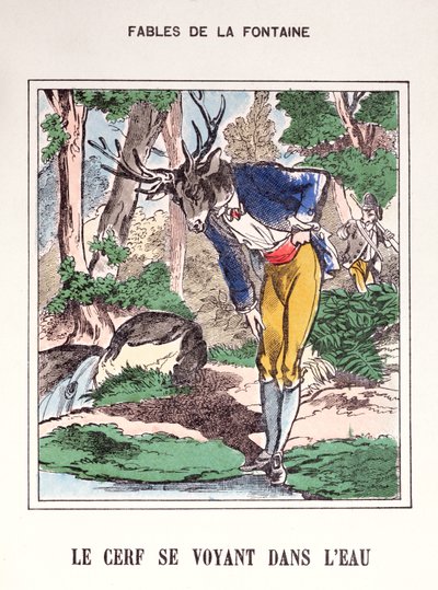 الغزال يرى نفسه في الماء ، من "Fables de La Fontaine" (نقش ملون) بواسطة المدرسة الفرنسية