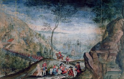 إنزال 50 جنديًا من فوج كاررير السويسري في لويسبورغ في جزيرة كاب بريتون بين 1722-1733 (مرحاض على الورق) بواسطة المدرسة الفرنسية
