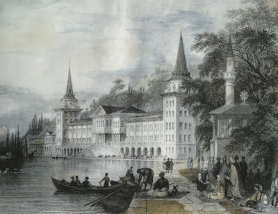قصر دولما بهجة على مضيق البوسفور 1840 (نقش ملون) بواسطة المدرسة الفرنسية