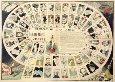 لعبة Dreyfus Affair Game ، مع صور لأفراد مختلفين معنيين ، في أواخر القرن التاسع عشر بواسطة المدرسة الفرنسية
