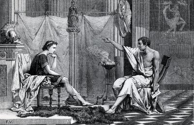 تعليم الإسكندر الأكبر (356-323 قبل الميلاد) لأرسطو (384-322 قبل الميلاد) من كتاب ل. بواسطة المدرسة الفرنسية