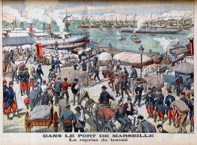 نهاية الإضراب في مرسيليا ، رسم توضيحي من "Le Petit Journal" ، 23 أكتوبر 1904 - في ميناء مرسيل - العودة إلى العمل - بعد أيام طويلة جدًا من العاطلين عن العمل ، استأنف ميناء مرسيليا أخيرًا جميع أنشطته بواسطة المدرسة الفرنسية