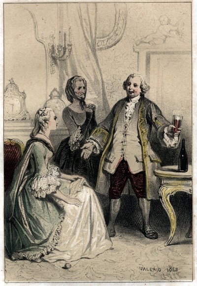 اقتحم الممثل الكوميدي الإنجليزي ديفيد جاريك (1717-1779) ، متنكرًا في زي مدرب ، دوقة متلهفة منه لمحاولة تفكيرها وإقناعها بعبثية حبها له. "" نقش في اثنين sh بواسطة المدرسة الفرنسية