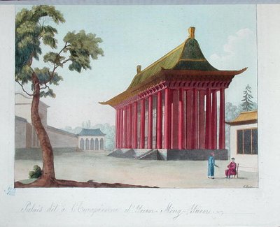 القصر "الأوروبي" في Yuen-Ming-Yuan ، من "Le Costume Ancien et Moderne" بواسطة Jules Ferrario ، نقش بواسطة S.Rossi ، حوالي عام 1819 (نقش ملون) بواسطة المدرسة الفرنسية