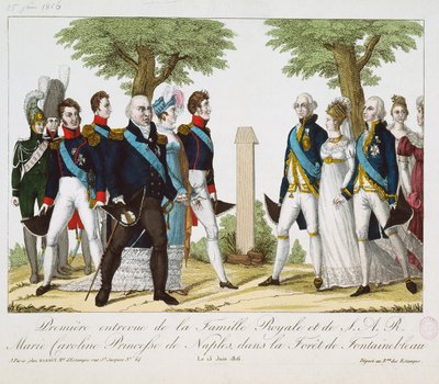 الاجتماع الأول بين لويس الثامن عشر (1755-1824) وماري كارولين فرديناند (1798-1870) من بوربون ، في كروا دي سانت هيرم في غابة فونتينبلو ، 15 يونيو 1816 ، 1816-30 (ملون engr بواسطة المدرسة الفرنسية