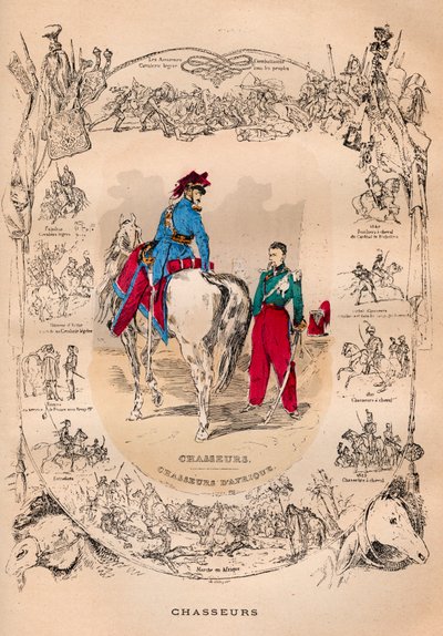 الجيش الفرنسي في عهد لويس فيليب من 1830 إلى 1848 - Chasseurs et chasseurs d'Afrique - نقش من 1882 في "" Histoire de dix ans: 1830-1840 "" Louis-Blanc (1811-1882) بواسطة المدرسة الفرنسية