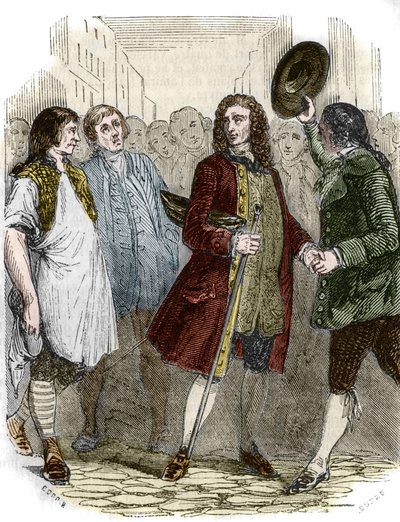 عاد الكاتب والفيلسوف الفرنسي فرانسوا ماري أرويه ديت فولتير (1694-1778) إلى فرنسا بعد نفيه. نقش القرن التاسع عشر. بواسطة المدرسة الفرنسية