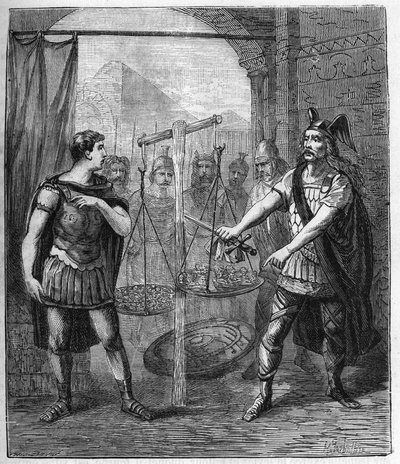 قائد جيش الغال Brennos (Brennus) يهزم الرومان ويعلن "Vae Victis" (الويل للمهزوم) ، وطالب الغال بفدية بعد غزوهم لروما - زعيم Brennus من قبيلة الغالي من Senons يلفظ Vae المشؤوم انتصار بواسطة المدرسة الفرنسية