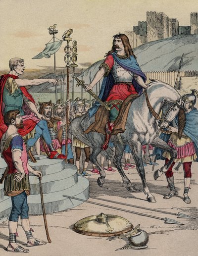 استسلم الزعيم الغالي فرسن جتريكس (72-46 قبل الميلاد) للقائد الروماني يوليوس قيصر (100-44 قبل الميلاد) بعد معركة أليسيا عام 52 قبل الميلاد. - "" استسلم الزعيم الغالي فرسن جتريكس (72-46 قبل الميلاد) للرئيس الروماني جول سيزار (100-44 قبل الميلاد) بع بواسطة المدرسة الفرنسية