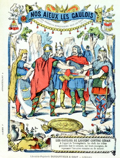 القادة الغاليون في الدوري ضد يوليوس قيصر (100-44 قبل الميلاد) بقيادة Vercingetorix (د 46 قبل الميلاد) من كم واقية للكتب المدرسية ، أواخر القرن التاسع عشر بواسطة المدرسة الفرنسية