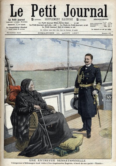 زار الإمبراطور الألماني ويليام الثاني (1859-1941) الإمبراطور السابق يوجينيا (1826-1920) على متن يخته "ثيسل" ، "لو بيتي جورنال" لي 11 أغسطس 1907 (نقش) بواسطة المدرسة الفرنسية