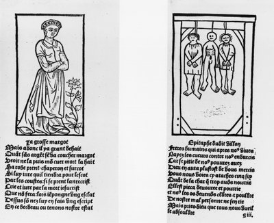 The Grosse Margot and Three Hanged Men، from &39;Oeuvres&39; بواسطة فرانسوا فيلون (1431-63) بيير ليفيت ، تم نشره عام 1489 بواسطة المدرسة الفرنسية