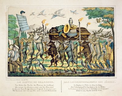 موكب الصيادون ، c.1850 (ليثو ملون باليد) بواسطة المدرسة الفرنسية