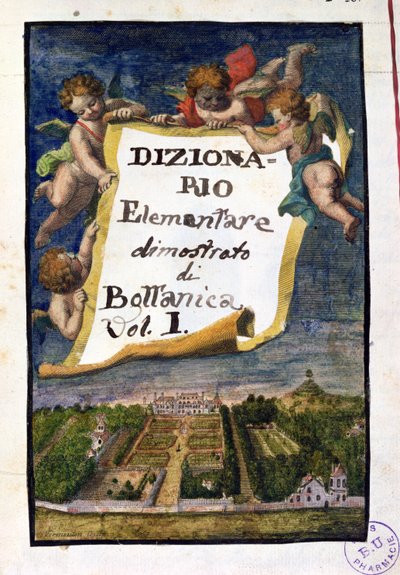 حديقة النباتات في باريس ، واجهة من Dizionario Elementare dimostrato di Bottanica ، المجلد الأول Istitutiones Rei Herbariae ، بقلم جوزيف بيتون دي تورنفورت (1656-1708) ، نشر في باريس ، 1 بواسطة المدرسة الفرنسية