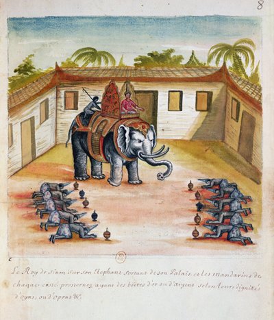ملك صيام على فيله ، من حساب اليسوعيين في سيام ، 1688 (مرحاض على ورق) بواسطة المدرسة الفرنسية