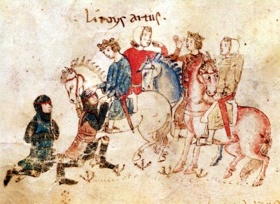 يقدم الفرسان Esclabor و Arphasar خدماتهما للملك آرثر ، من Roman de Meliadus بواسطة المدرسة الفرنسية