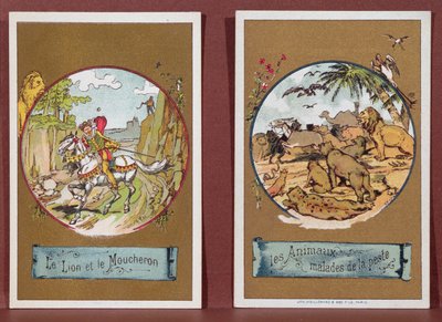 الأسد والحبال والحيوانات المريضة من الطاعون ، من "Fables de La Fontaine" (نقش ملون) بواسطة المدرسة الفرنسية