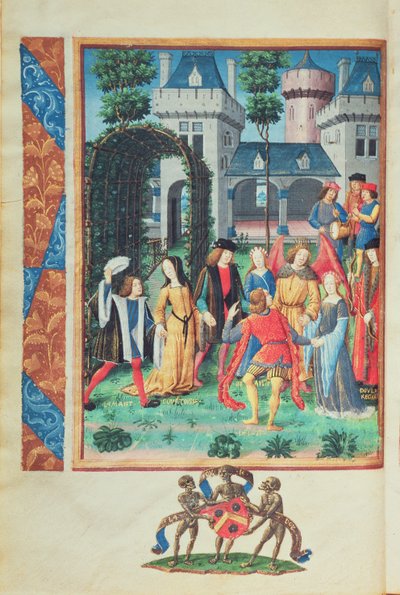 الحديقة السحرية ، مع شخصيات مجاملة من المجاملة والحب والجمال والليبرالية ، من Roman de la Rose (الغواش على الرق) بواسطة المدرسة الفرنسية