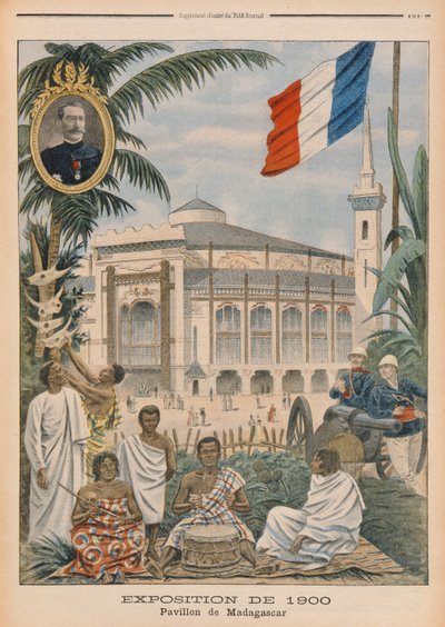 جناح مدغشقر في المعرض العالمي لعام 1900 ، باريس ، صورة توضيحية من "Le Petit Journal" ، 1 أبريل 1900 (لون ليثو) بواسطة المدرسة الفرنسية