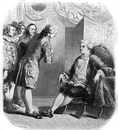 الماركيز دي بويزيولكس يستقبل فيليب نيريكولت ديستوشيس (1680-1754) وفرقته من الكوميديين المسافرين. النقش 1858-1859. بواسطة المدرسة الفرنسية