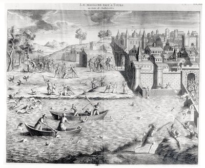 مذبحة Huguenots في جولات عام 1562 بواسطة المدرسة الفرنسية