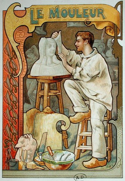 The Moulder ، رسم توضيحي من كتاب عن الحرف اليدوية ، حوالي 1899 (لون ليثو) بواسطة المدرسة الفرنسية