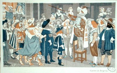 خطاب الأنف في فندق Hotel de Bourgogne ، رسم توضيحي من "Cyrano de Bergerac" بواسطة إدموند روستاند (1868-1918) حوالي 1905 (لون ليثو) بواسطة المدرسة الفرنسية