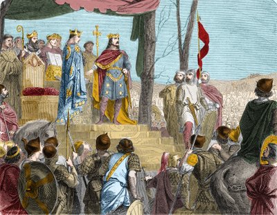 قسم ستراسبورغ بين لويس الألماني (876) ، حاكم شرق فرنسا ، وأخيه غير الشقيق تشارلز الأصلع (؟ 877) ، حاكم غرب فرنسا - لوث دي ستراسبورغ: traite de Verdun ، 843. أبناء لويس قسّم المتدينون الإقليم (كارولي بواسطة المدرسة الفرنسية