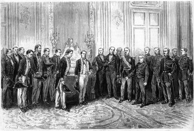 استقبل رئيس الجمهورية الفرنسية أدولف تيير (1797-1877) سفراء اليابان في قصر الإليزيه. نقش في "" Le Monde Illustré "" رقم 821 بتاريخ 4 يناير بواسطة المدرسة الفرنسية