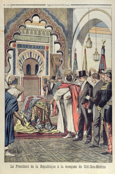 رئيس الجمهورية الفرنسية ، إميل لوبيت (1838-1929) ، يزور مسجد سيدي بو مدين ، تلمسان ، الجزائر ، صورة من جريدة Le Petit Journal ، 3 مايو 1903 بواسطة المدرسة الفرنسية
