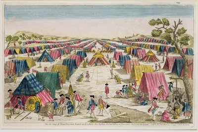 معسكر الجيش البروسي ، مستمد من الحياة في الحقول في بوميرانيا ، محفور بواسطة فالى ، ج .1750 (نقش ملون باليد) بواسطة المدرسة الفرنسية