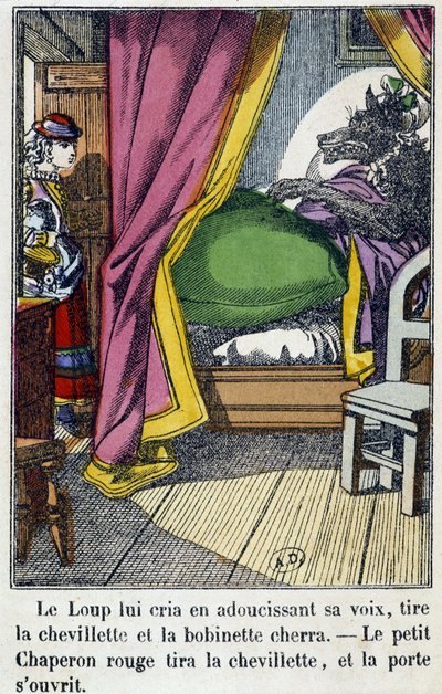 The Red Riding Hood enters the room where the wolf took the place of his grandmother - in “The Little Red Riding Hood”, ed. Pellerin, Epinal, n.d. 19th. بواسطة المدرسة الفرنسية