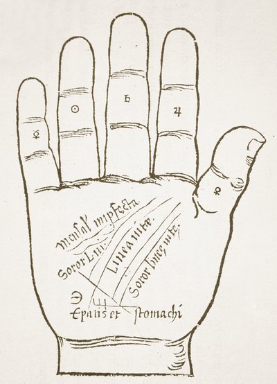 اليد اليمنى ، الخطوط الرئيسية ، نسخة من رسم توضيحي من Chiromantia بواسطة Ioannes ab Indagine ، 1531 ، تم استخدامه في تاريخ السحر ، نُشر في أواخر القرن التاسع عشر بواسطة المدرسة الفرنسية