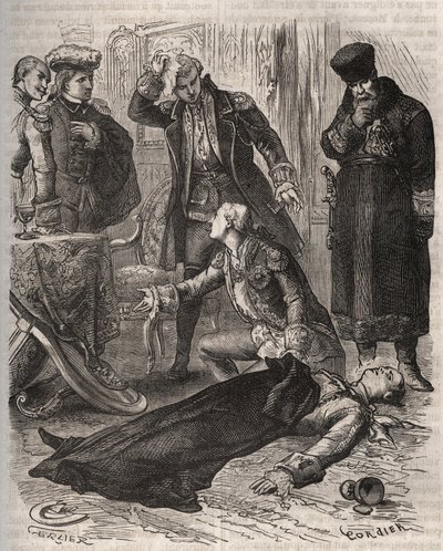 تم اغتيال الإمبراطور الروسي بيتر الثالث (1728-1762) ، الذي خصص له مكان إقامة ، بأمر من زوجته كاثرين الثانية ، التي أطاحت به للتو وتولت السلطة ، من قبل أليكسي أورلوف (1737-1808) وحراسه في 17 يوليو 1762. نقش من عام 1871 في "Histoire De بواسطة المدرسة الفرنسية