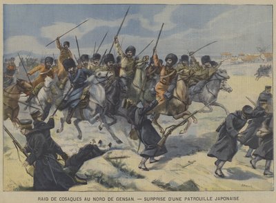 الحرب الروسية اليابانية: القوزاق يفاجئون دورية يابانية في غارة شمال جينسان ، كوريا (لون ليثو) بواسطة المدرسة الفرنسية