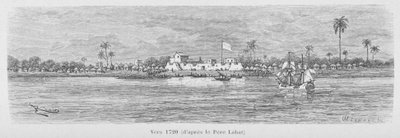 نهر سانت لويس في عام 1720 ، السنغال ، رسم توضيحي من "لو السنغال ..." بواسطة لويس ليون فيدرب بواسطة المدرسة الفرنسية