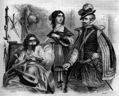الكاتب الإسباني ميغيل دي سرفانتس سافيدرا (1547-1616) في المنزل عام 1614 يحيط بزوجته وكونت ليموس. نقش من 1852. بواسطة المدرسة الفرنسية