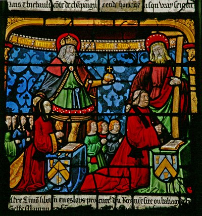 نافذة سانت لويس: يمكن رؤية المتبرعين Henriette de Mauroy و Simon Liboron مع قديسيهما St Henry و Simon of Cyrene بواسطة المدرسة الفرنسية