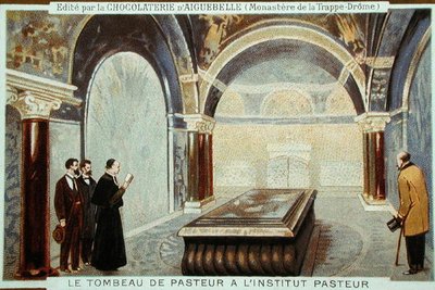 قبر لويس باستور (1822-95) في l'Institut Pasteur ، باريس ، بطاقة إعلانية لـ Chocolaterie d'Aiguebelle (chromolitho) بواسطة المدرسة الفرنسية
