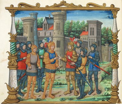The Treaty of Conflans (Peace of Conflans) between Louis XI and the Duke of Burgundy, miniature from Memoires by Philippe de Commines, manuscript folio 32 verso, France 16th Century. بواسطة المدرسة الفرنسية