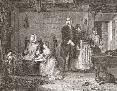 نائب ويكفيلد يصالح زوجته مع أوليفيا، بعد اللوحة التي رسمها جيلبرت ستيوارت نيوتن. من Histoire des Peintres، المدرسة الإنجليزية، نُشرت عام 1867 (ليثو) بواسطة المدرسة الفرنسية