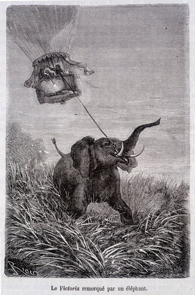 The Victoria towed by an elephant - in “Five Weeks in Balloon”, novel by Jules Verne بواسطة المدرسة الفرنسية