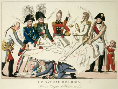 مؤتمر فيينا في 22/06/1815: كعكة الملوك. لقد أعاد توحيد القوى العالمية الثماني وسعت إلى إعادة ترسيم الحدود بعد سقوط إمبراطورية نابليون الأول ألكسندر الأول ، قيصر روسيا ؛ إتش آر ستيوارت ، كاسلريه ؛ فرانسوا جوزيف الأول ، إمبراطور أو بواسطة المدرسة الفرنسية