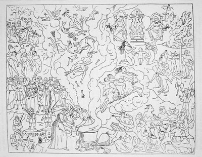 The Witches Sabbath ، نسخة من رسم توضيحي من Tableau de linconstance des mauvais anges بواسطة Pierre de Lancre ، باريس 1612 ، تم استخدامه في تاريخ السحر ، نُشر في أواخر القرن التاسع عشر بواسطة المدرسة الفرنسية