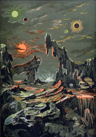 عالم أربعة أقمار وأربع شموس ، توضيح من LAstronomie Populaire كتبها Camille Flammarion (1842-1925) 1881 بواسطة المدرسة الفرنسية