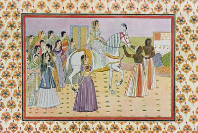 الفتاة ذات وجه يشبه القمر يركب حصانًا أبيض ، رسم توضيحي من الليالي العربية ، 1895 (نقش ملون) بواسطة المدرسة الفرنسية