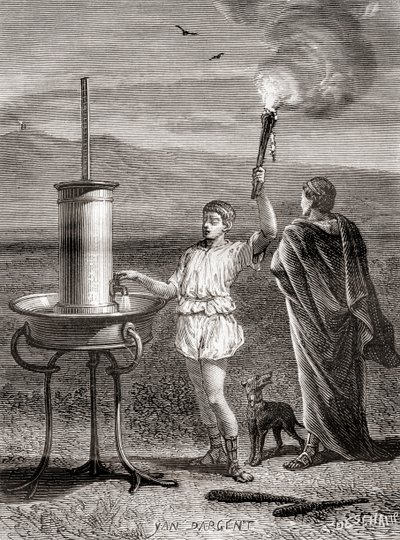 The ancient Greek hydraulic semaphore system being used by Aeneas to send a message, 4th century BC, from Les Merveilles de la Science, published c.1870 (engraving) بواسطة المدرسة الفرنسية
